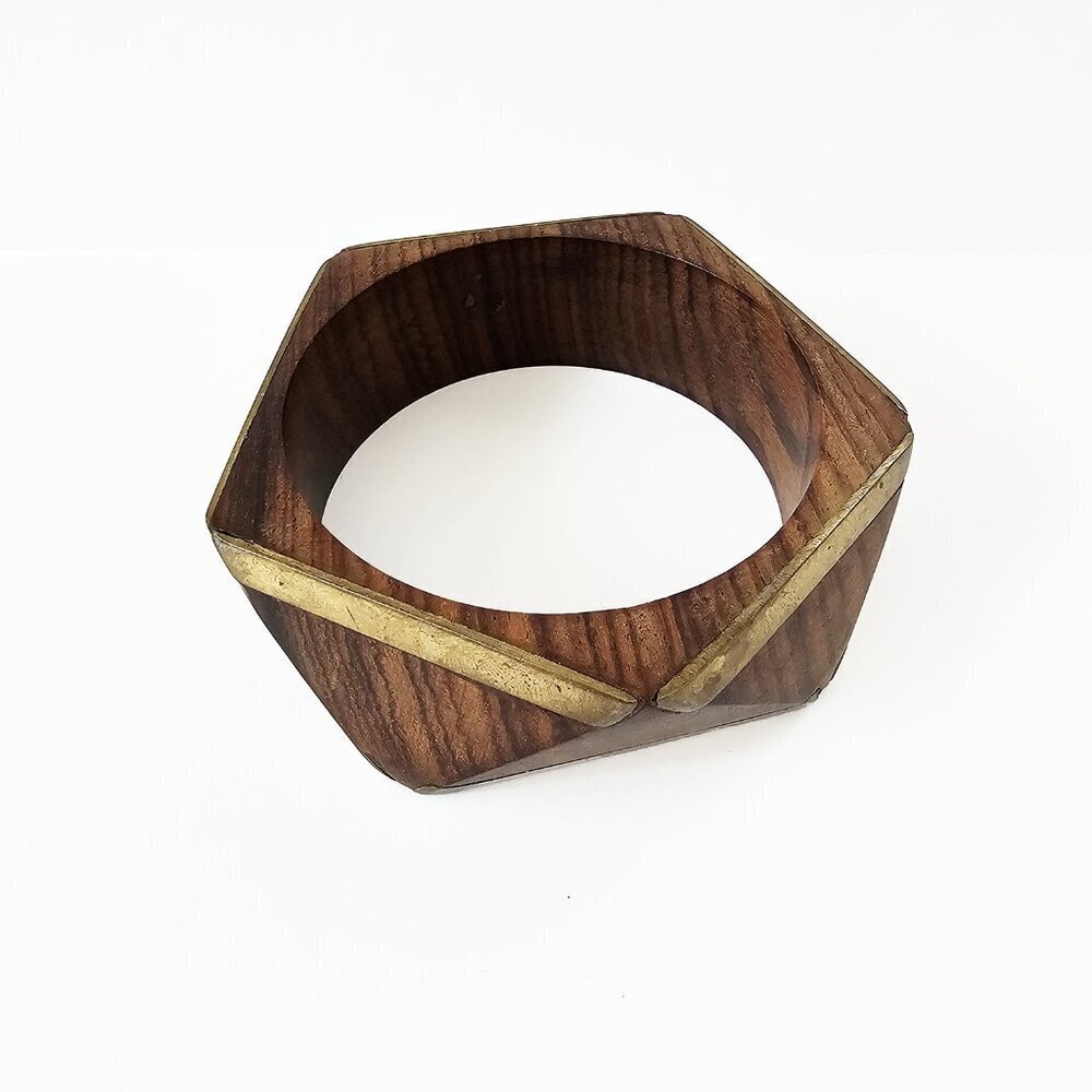 Vintage Geometric Wooden and Brass Bangle Bracelet